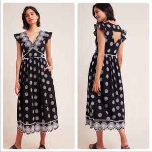 Anthropologie x Ranna Gill Tomine Embroidered Black Eyelet Midi Dress Medium